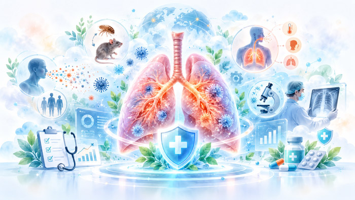 تصویر مفهومی طاعون ریوی و درگیری ریه توسط باکتری Yersinia pestis